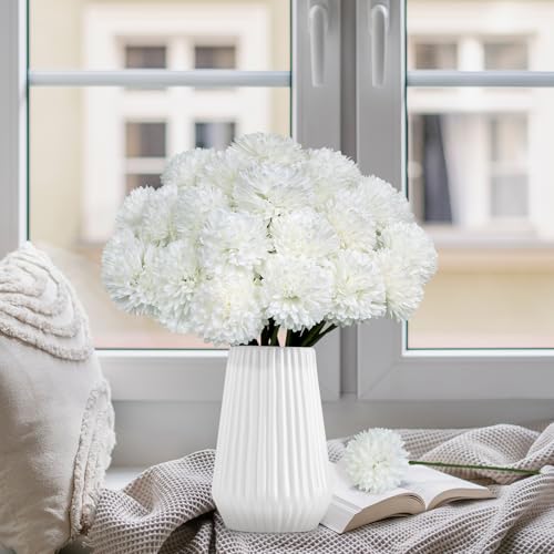 36 Pcs White Artificial Flowers Faux Ball Chrysanthemum Bouquet Silk Flowers Bridal Wedding Bouquet for Home Garden Party Office Coffee House Decoration (White) - color: White