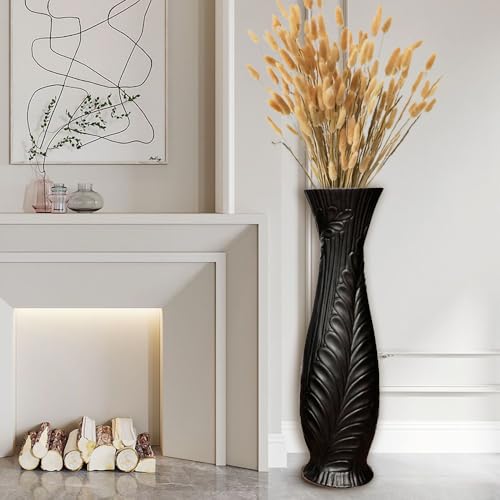 Tall Black Floor Vase 30 inches, Handmade Large Ceramic Vases for Home Decor Living Room, Feather Pattern Decorative Vases Wide Mouth Opening Corner Vase for Pampas Grass - color: Black Feather Pattern