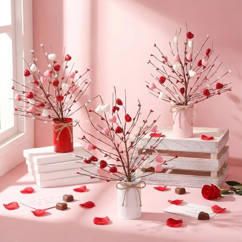 Zeyune 3 Sets Mother's Day Heart Berry Table Centerpiece, 6 Artificial Heart Berry Stems Picks with Metal Vase Pot, Fake Flower Arrangement for Wedding Reception, Mother's Day Decor - color: 3 Colors, size: Heart