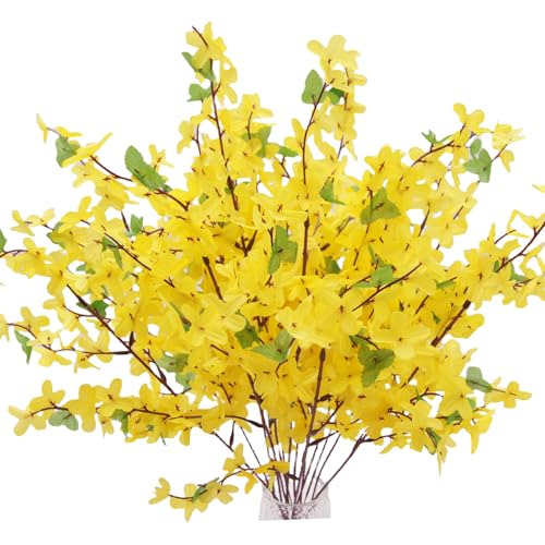12Pcs Artificial Silk Forsythia Flower Branches Jasmine Flowers Yellow Silk Fake Winter Jasmine Orchids Flowers for Indoor Outdoor DIY Floral Arrangement Wedding Party Home Office Decorate - color: Yellow-12