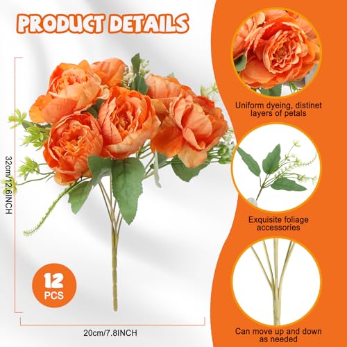 12 Bundles Orange Peonies Artificial Flowers Bulk for Centerpiece | Realistic Silk Flowers, Wedding Decoration, Home Table Centerpiece, DIY Bouquet - color: Orange