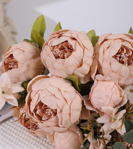 Duovlo Artificial Peony Silk Flowers Fake Flowers Vintage Wedding Home Decoration,Pack of 1 (Light Champagne) - color: Light Champagne