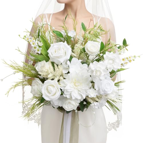 Ling's moment White Wedding Bouquets for Bride, Lily of The Valley Bridal Bouquets for Bride, 15 Inch Free Form Artificial Wedding Flower Bouquet - color: Wht-lily of the Valley White, size: Medium 15 Inch