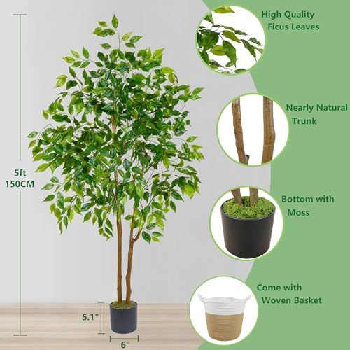 Warmplants Artificial Ficus Tree, 5ft Tall Fake Ficus Tree with Basket, Faux Plant for Indoor Outdoor Home Livingroom Office Garden Porch Décor - color: Ficus, size: 5ft
