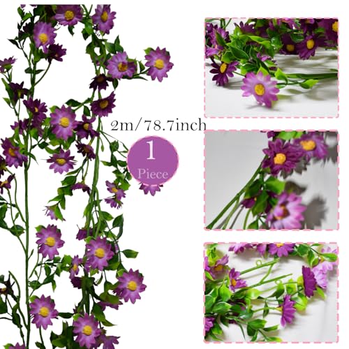 Purple Spring Flower Garlands - Hanging Daisy Flower Vines - Fake Mini Artificial Sunflower Silk Flowers Ivy for Backdrop Fence Wedding Arch Home Garden Baby Shower Wall Decor, 6.6FT - color: Purple
