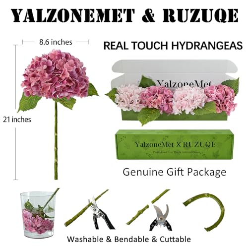 YalzoneMet 4 Pcs Real Touch Hydrangea Artificial Flower Lifelike 21'' Long Stem Latex Hydrangea Flower for Thanksgiving Home Kitchen Decor Wedding Christmas Table Centerpiece 2 Pink + 2 Rose Pink - color: Magenta Pink