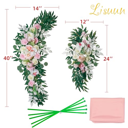 Lisuun Artificial Wedding Arch Flowers with Chiffon Runner, Pack of 3 | Includes 2 Flower Swags, 1 20ft Chiffon Runner and Zip Ties for Wedding Arches, Arbors and Backdrops - color: Blush&pink