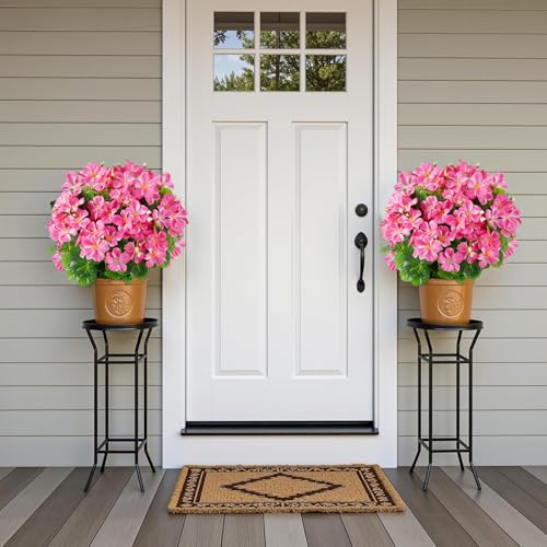 Artificial Geranium Flowers in Pot for Outdoors Fake Plants 14 Inch Faux Flowers Spring Summer Decoration for Home Front Door Garden Planter Patio Balcony Yard Indoor Outdoor (Pink) - color: Pink