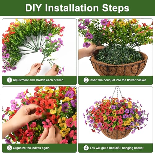 Homsunny Artificial Fake Hanging Flowers Plants Basket for Outdoor Spring Summer Decoration, Faux Silk Flower Outside UV Resistant Look Real Yard Patio Front Porch Garden Balcony Home Decor(Mix3) - color: Pink Red Yellow Purple