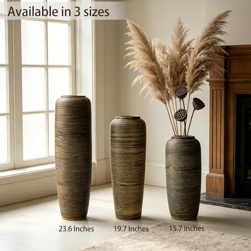15.7 Inch Rustic Ceramic Large Floor Vase, Ribbed Textured Rustic Farmhouse Vase for Pampas Grass, Living Room & Entryway Décor, Handmade Ceramic Accent - size: 15.7 Inch
