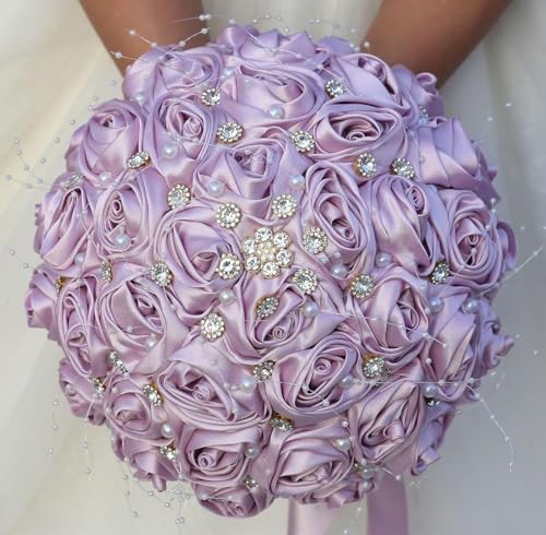 Ujicde Romantic Wedding Bouquet Bridal Bridesmaid Round Bling Brooch Bouquet Throw Toss Artificial Rose Flower Bunch with Sparkle Rhinestone Crystal Decoration(Purple#,Dia. 6.3"*16cm) - color: Purple#, size: Dia. 6.3"*16cm