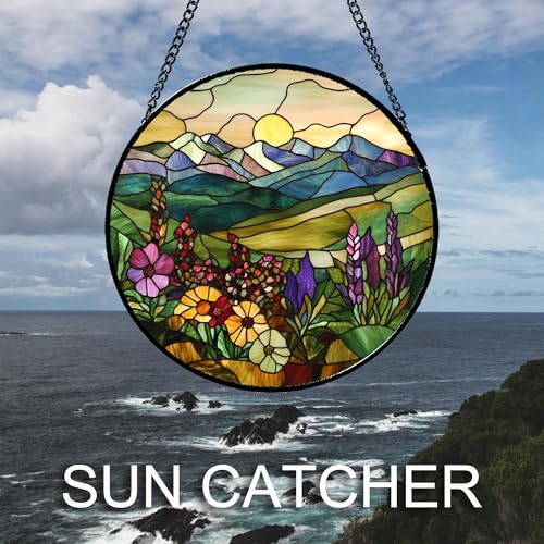 Stained Glass Window Hanging Purple Wildflowers Pastoral Scenery 7.8" - Suncatcher Door Garden Sun Catcher Home Decor Birthday Christmas for Mom Men Woman Friend - color: Yellow Purple, size: 7.8x7.8 IN