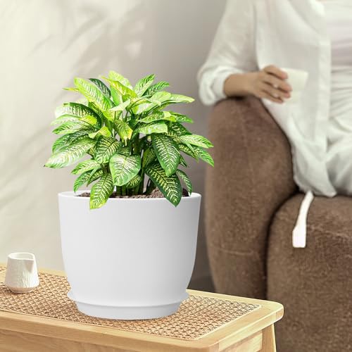WSMKSZ 10/9/8 inch Medium Flower Pots, 3 Pack Modern Decorative Plastic Planters with Drainage Holes and Tray, Plant Pots for Indoor Outdoor Plants, White - color: White, size: 10"+9"+8"