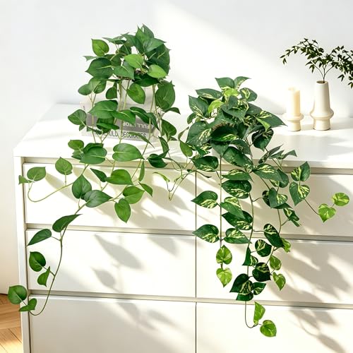 Artificial Hanging Plants 31.5‘’ with White Pots –2 Pack Fake Pothos Potted Plants Faux Ivy Vines, Realistic Greenery Hanging Fakeplants Indoor for Home Decor, Bedroom, Bathroom, Office, Living Room - size: 31.5''