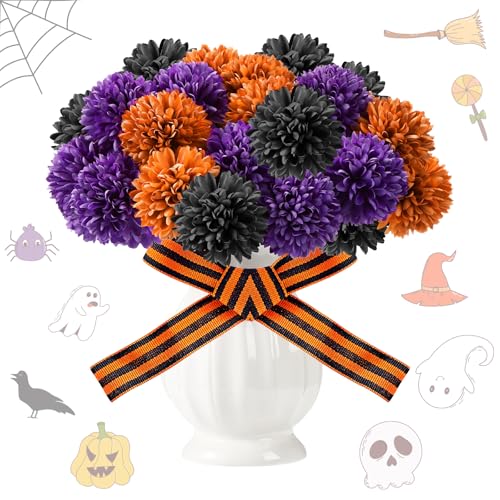 XunYee 24 Pcs Halloween Artificial Flowers Halloween Chrysanthemums Ball Flowers Black Orange Purple Fake Hydrangea for Halloween Party Home Table Centerpieces vase Decor