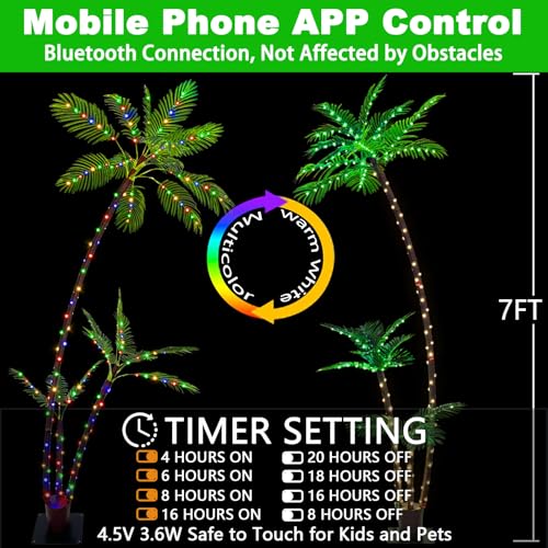SOSHOT 7FT Lighted Artificial Palm Tree with Three Trunks and 242 LED Lights with Remote Control and App Waterproof for Tiki Bars, Patios,Beaches,Yards Pool, Cruise Party-Warm White to Multicolor - style: 7FT Warm White to Multicolor