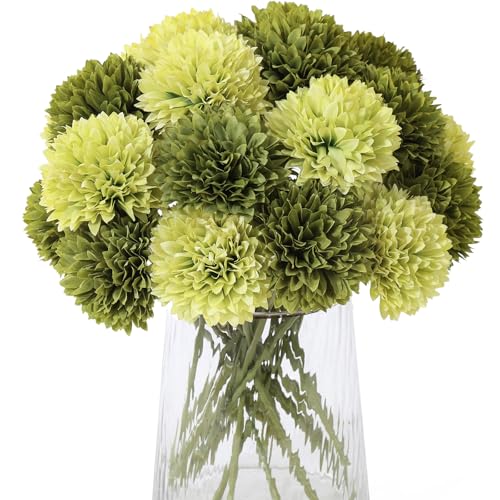 Kimura's Cabin 20Pcs Green Chrysanthemum Artificial Flowers Fake Silk Mums Flower with Stem Balls Flowers for Wedding Bouquets Arrangements St Patricks Day Home Garden Table Centerpieces DIY Decor - color: Grass Green