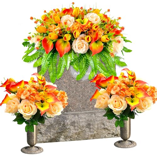 FLOWERIA Headstone Flower Saddle Cemetery Flowers for Grave - Artificial Tulips Roses Sympathy Flowers for Gravesite Decoration - color: Orange, size: 2 Bouquets 1 Saddle