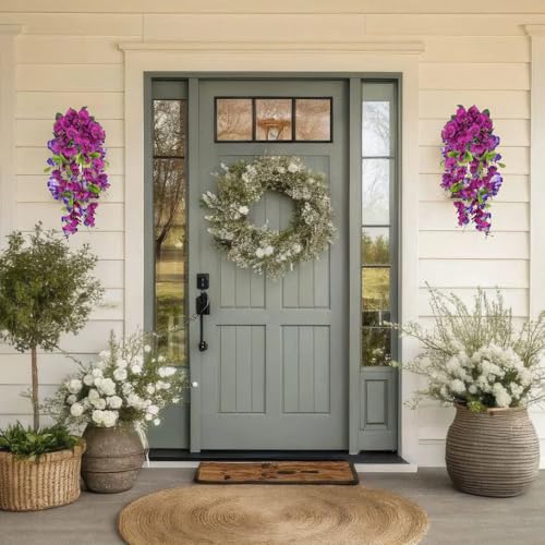 2 Pcs Fake Hibiscus Artificial Hanging Flowers Plants for Outdoors Realistic UV Resistant Spring Summer Decor Silk Faux Hibiscus Flowers Trailing Vines for Front Door Porch Outside - color: Purple, Fuchsia