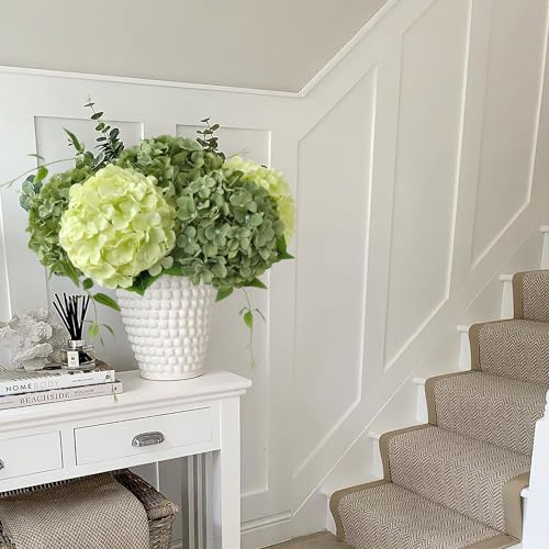 JINWOE Green Flowers Artificial Hydrangeas, 5Pcs 20Inch Large Lifelike Faux Silk Flowers, Full Artificial Hydrangeas for Bouquet Table Centerpieces Indoor Spring Outdoor Home（Rosemary Green） - color: Rosemary Green