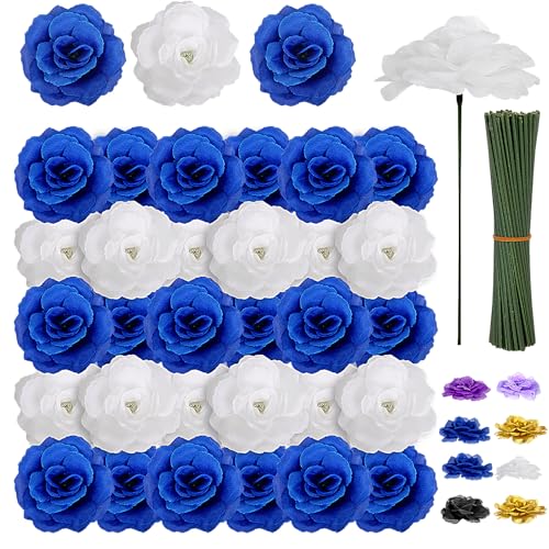108pcs Roses Head Flowers with Stem - Blue & White Artificial Flowers Rose Bulk - Silk Royal Blue Rose Fake Flower for Wedding Bouquet Party Home Decor DIY Baby Shower Centerpieces Tables Decoration - color: Blue-white
