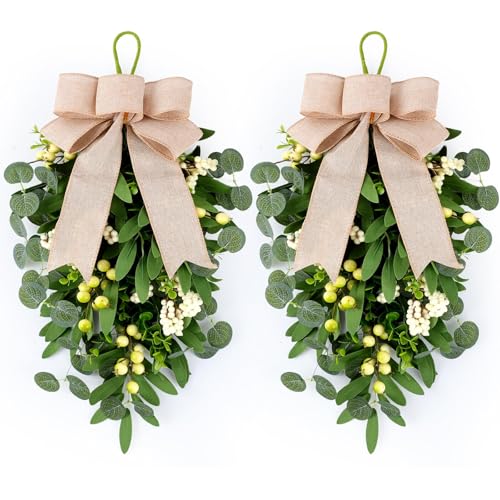 2 PCS 22" Artificial Green Eucalyptus Teardrop Swag for Front Door Greenery Swag Spring Summer Olive Kitchen Cabinet Wreath with White Berry for Farmhouse Home Porch Wall Window Festival Wedding Decor - color: Green Eucalyptus