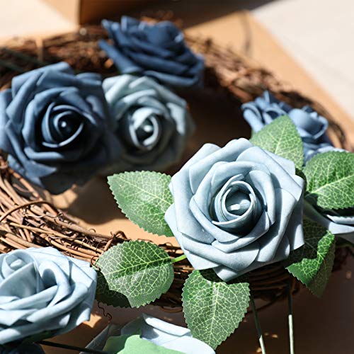 AmyHomie Artificial Flower Dusty Blue Shades Rose 25pcs Real Looking Fake Roses w/Stem for DIY Wedding Bouquets Centerpieces Arrangements Party Baby Shower Valentines Day Christmas Tree Decorations - color: Dusty Blue Shades