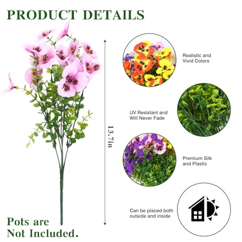 CEWOR Artificial Flowers for Outdoor Indoor, Fake Silk Pansy with Eucalyptus Leaves, Faux Flower for Garden Front Door Porch Planter Patio Home Decor (24 Bundles, Yellow White Purple Pink Orange Blue) - color: 6 Color Pansy