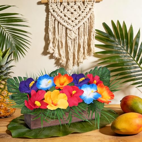 Hawaiian Flowers Arrangements for Table Centerpieces Tropical Artificial Hibiscus Fake Flowers with Palm Leaves Decor in Wooden Planter for Kitchen Island Summer Luau Party Decorations - color: Colorful
