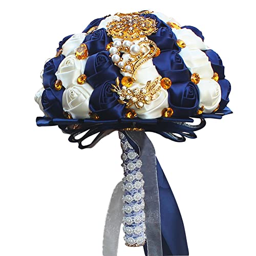 Handmade Wedding Bouquets for Bride Bridesmaid Brooch Artificial Holding Flower Tossing Bouquet（Ivory/Navy,18cm,1PC - color: Ivory/Navy, size: 18CM/7.1''