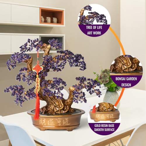 Natural Amethyst Gemstone Crystal Bonsai Tree of Life （1,350 Gemstone Count） Large Feng Shui Money Chakra Tree for Luck and Wealth Desk Decoration 20 Inches - color: Big Amethyst