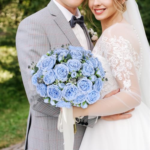 Artificial Peonies Silk Flowers, Faux Peony Bouquet 2 Bundles Florals Arrangements Decor for Farmhouse Home Wedding Table Centerpiece, Fake Plastic Flowers Bulk for Vase Decoration (Light Blue, 2PCS) - color: Light Blue, size: 2PCS
