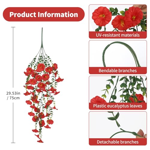 6PCS Artificial Hanging Flowers Fake Plants Outdoor, Silk Morning Glory Faux Flowers,UV Resistant Realistic Hanging Petunias Plants for Home Garden Patio Window Basket Decor (Red) - color: Red