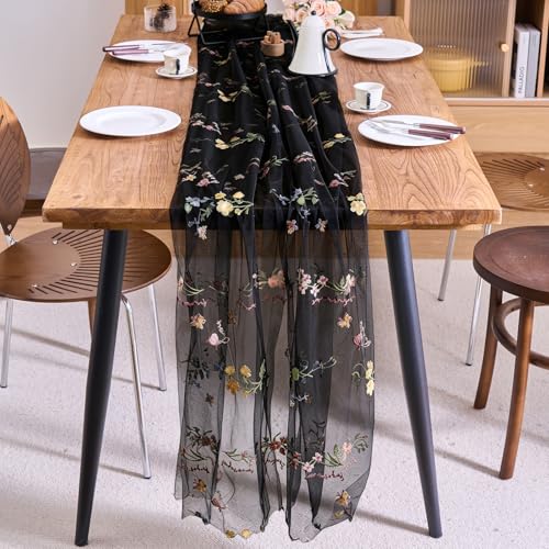 vctops 2 Packs Embroidery Lace Halloween Table Runner 10ft Floral Garden Seasonal Tulle Table Runner Holiday Kitchen Dining Table Decoration for Wedding Party Baby Shower Birthday (Black,30"x120") - color: Black