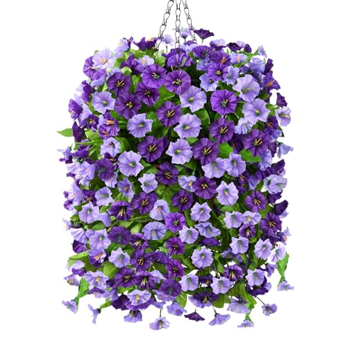 Homsunny Artificial Fake Hanging Flowers Plants Baskets for Outdoor Spring Summer Decorations,Faux Morning Glory Silk Flower for Outside UV Resistant Patio Yard Home Porch Decor(Purple) - color: Purple