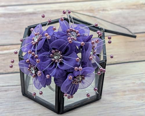 72PC Artificial Organza Flower Rhinestone Pick for Home Craft Decor DIY Wedding Bridal Veil Headband Dress Cake Topper Embellishment Scrapbook Favor Corsage Floral Bouquet Arrangement (Purple) - color: Purple