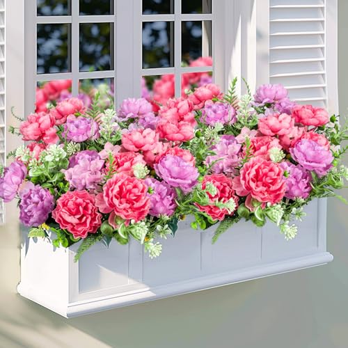 6 Bundles Peonies Artificial Flowers for Outdoors UV Resistant Faux Peony with Hydrangea Fake Flowers Silk Flowers for Outside Front Porch Garden Window Box Planters Decor (Pink, Purple) - color: Pink, Purple