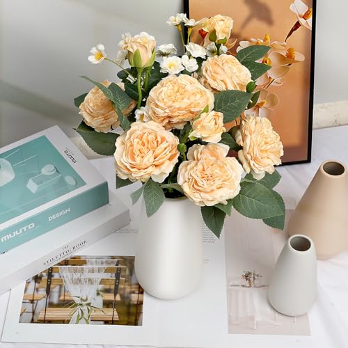16’’ Artificial Flowers with Vase, Silk Flower Arrangements Rose Peony Vase for Living Room Kitchen Bathroom Table Centerpieces Decor - Champagne - color: Champagne