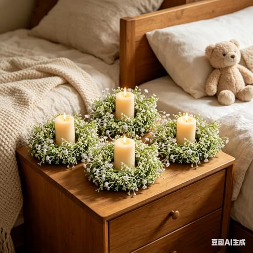 8 Pcs Mini Baby Breath Candle Rings Wreaths Gypsophila Pillar Holder Wreath Artificial Flower Spring Summer Floral Wreath for Wedding Farmhouse Porch Cabinets Table Decoration - color: Baby Breath