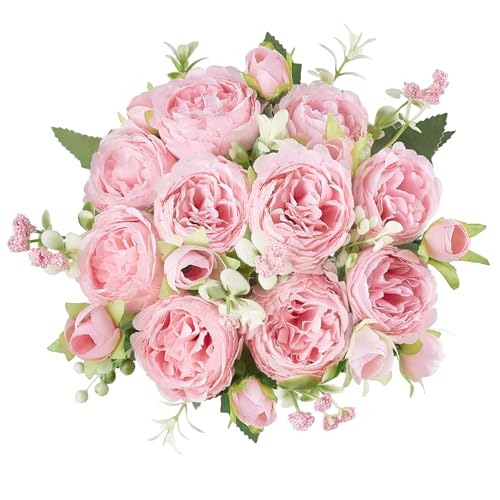 Mkono Peonies Artificial Flowers, Small Silk Flowers for Home Decor Indoor Fake Bouquet Faux Floral Arrangements Dining Table Centerpieces for Kitchen Party Decor Pink - color: Pink