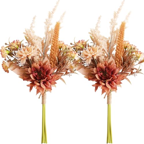 Joeabor Fake Flower Bouquet, Faux Flower Arrangement for Decorating Kitchens, Bedrooms, Bathrooms, Realistic Artificial Flowers Made of Silk & Plastic, Floral Decoration with Dahlia & Small Blossoms - color: Dark Coffee & Dark Coffee
