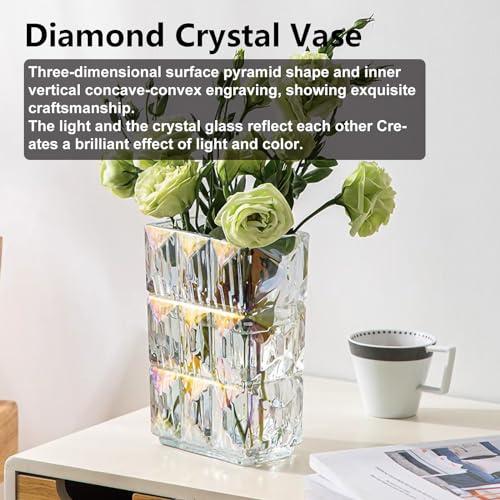 Iridescent Crystal Flower Vase Heavyweight Glass Centerpiece Holographic Colorful Vases for Living Room Trendy Home Decor Scratch Resistant 5.1x3.11x7.88 in 1 Pc - color: Clear Iridescent
