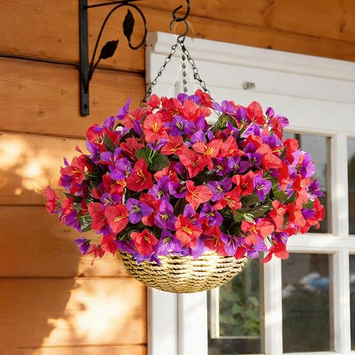 Artificial Faux Flowers for Outdoors Spring Summer Outside Decor, 4 Bundles Fake Silk Bougainvillea UV Resistant Look Real Faux Plants for Planter Patio Porch Window Garden Home Decoration, RedPurple - color: Redpurple