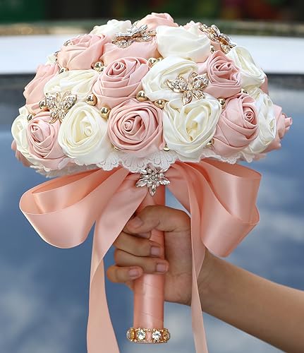 Sharebeauty 7.1" Handmade Satin Rose Bridal Bouquet Toss Round Wedding Bouquet Throw Toss Artificial Flower Bunch Pale Pink + Ivory - color: 809a Pale Pink/Ivory, size: 7.1"/18cm