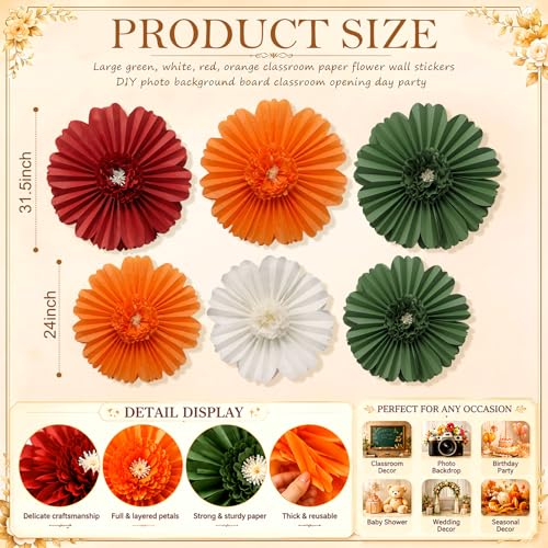 Giegxin 6 Pcs Large Colorful Tissue Paper Flowers Mexican Fiesta Wall Decorations Giant Crepe Paper Flowers for Wedding Birthday Bridal Shower Backdrop Party Decor (31.5",24",Orange,Green,Claret) - color: Orange,Green,Claret, size: 31.5", 24"