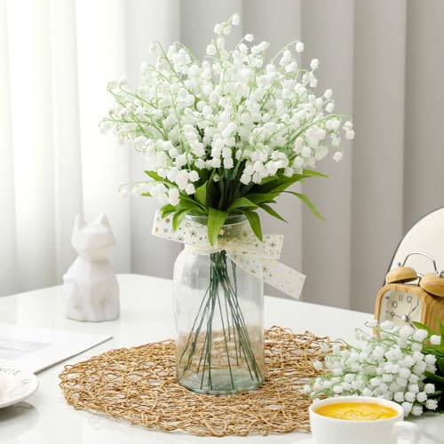 Hanaive 50 Pcs Artificial Lily of The Valley Bridesmaids Artificial Lilies 14.17 Inch Faux Lily of The Valley Flower Bulk Chimes Orchid White Bell Flower Bouquet for Wedding Arrangement Bride Party