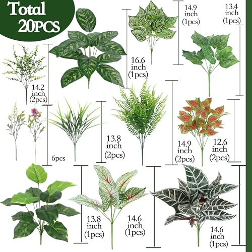 20Pcs Artificial Plants Outdoor Fake Greenery & Flowers Faux Plastic Bushes Leaves UV Resistant for Outdoor Planters Porch Garden Patio Front Porch Window Box Farmhouse Wedding Decor