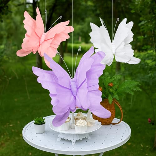 3 Pcs 3D Large Hanging Butterfly Decorations Large Butterfly Birthday Party Decorations 3D Crepe Paper Decoration for Wedding Party Birthday Baby Shower Garden(Purple, Pink, White,7inch,11inch) - color: Purple, Pink, White, size: 7Inch，11inch