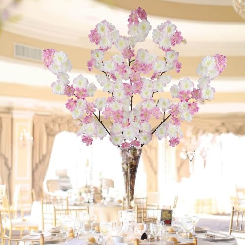 2 Pcs Artificial Cherry Blossom Flowers Branches Pink Faux Cherry Blossom Long Stem 41" Silk Cherry Blossom Tree Tall Fake Flower Arrangement for Home Wedding Centerpieces Spring Indoor Decor - color: Pink