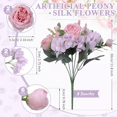 Yunsailing 8 Packs Artificial Peony Flowers Faux Silk Hydrangea Bouquet Vintage Wedding Home Table for Door Decor Reusable Bouquet of Rose Flowers for Valentine Wedding Birthday Party(Pink Purple) - color: Pink Purple, style: Hydrangea
